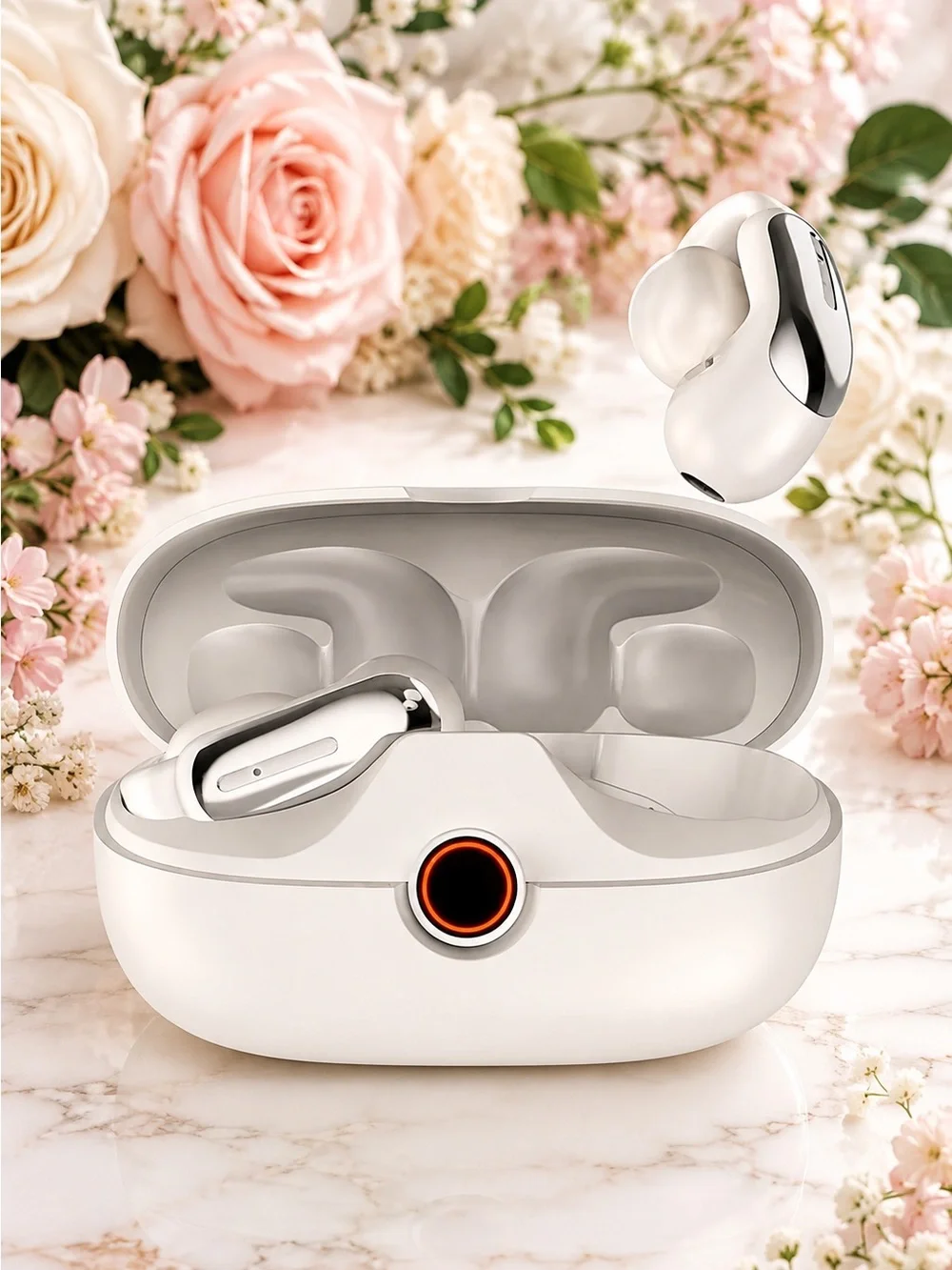 Open-ear Wireless Earbuds in Beige with Charging Case